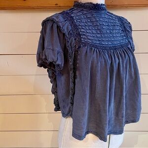 Free People Blue Ruffled Lace Short Sleeve Top